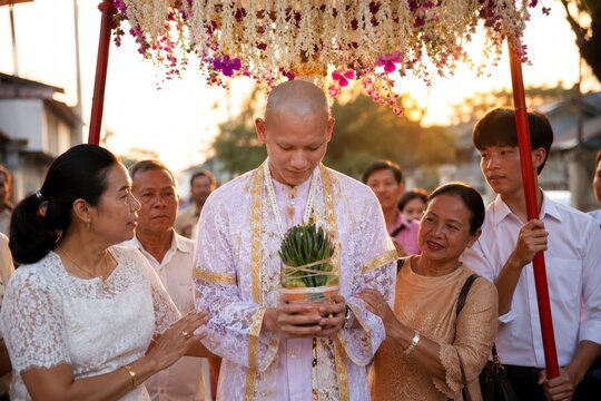 Thai monk ordination daily monastic life at sunset with family gathering and floral canopy in buddhist ceremony