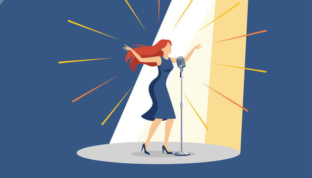 Elegant red-haired female singer performing passionately with a vintage microphone under bright spotlights on stage.