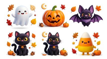 Fototapeta premium Halloween characters and symbols in autumn leaves