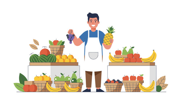 Cheerful male fruit seller holding fresh grapes and a pineapple standing proudly behind a colorful outdoor market stall.