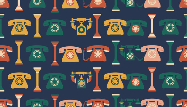 Colorful seamless vector pattern featuring retro vintage rotary dial telephones of different shapes on a dark background.