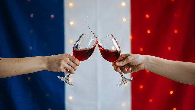 Two people clinking wine glasses with french flag background