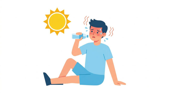 A young boy sitting on the ground, feeling overheated and dehydrated, drinks water from a bottle under a bright, hot sun, conveying a feeling of discomfort