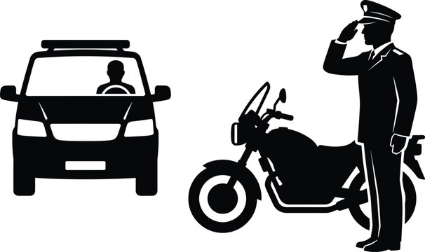 Police officer directing traffic with car and motorcycle
