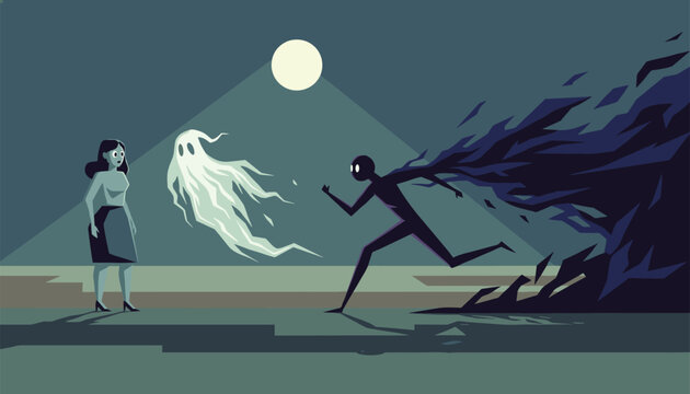 Brave woman stands calmly under a spotlight as a white ghost and a dark shadowy figure flee into the darkness.