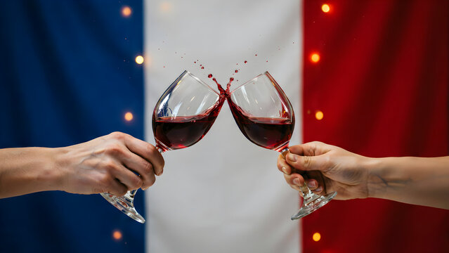 Two hands clinking wine glasses with french flag