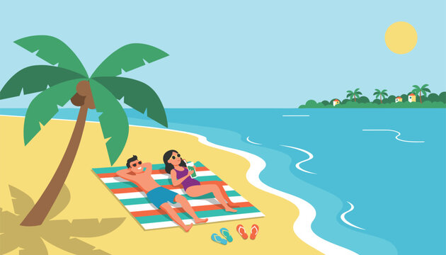 Relaxed couple wearing sunglasses sunbathing on a colorful beach towel under a shady palm tree at a tropical resort.