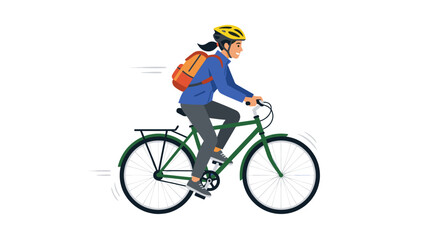 Fototapeta premium Woman riding bicycle with backpack for eco-friendly commuting.