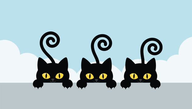 Three cute black cats with bright yellow eyes and spiral tails peeking over a gray border against a blue sky.