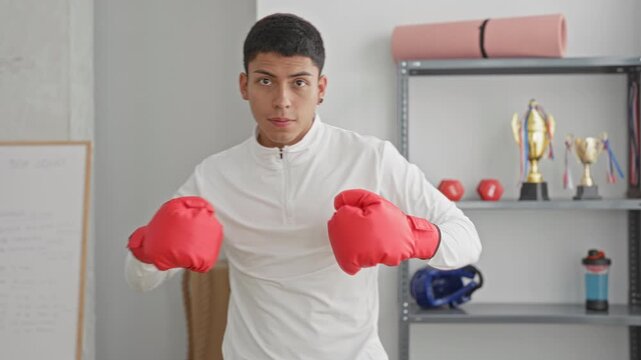 Man wearing red boxing gloves throws a jab in a training studio with trophy shelf and yoga mat visible; focus training.