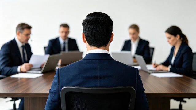 Job candidate facing interview panel in corporate boardroom, professional hiring process with recruiters evaluating applicant for position
