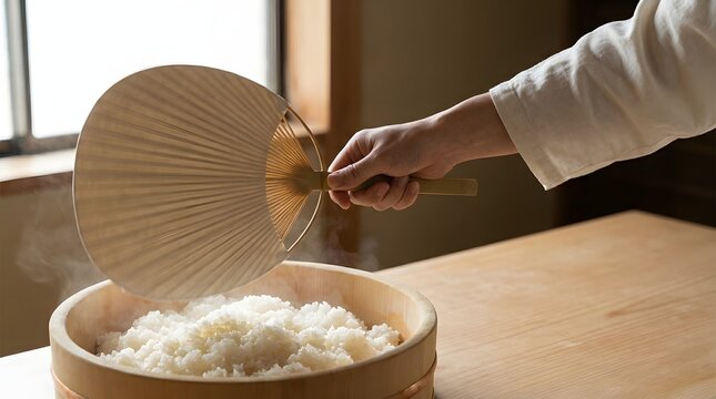 Chef cooling hot steaming cooked white rice with a traditional bamboo hand fan in wooden hangiri bowl