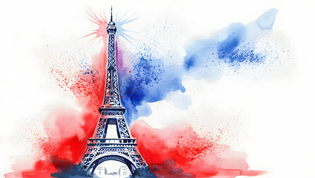 Eiffel tower with french flag watercolor background