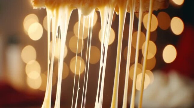 Melted cheese with golden strings and blurred lights.