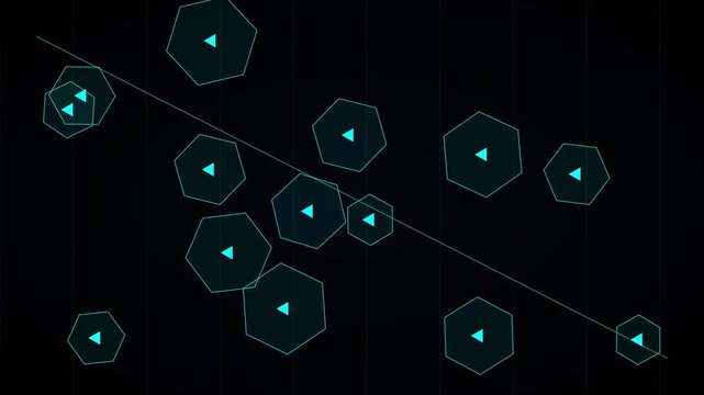 Digital hexagon network interface with floating play and abstract data connectivity motion animation 4k