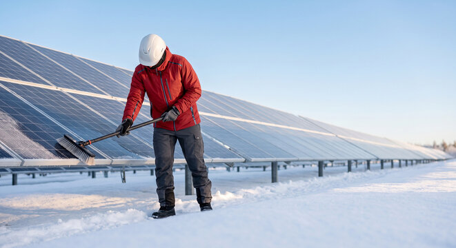Male worker cleaning snow from solar panel in winter farm