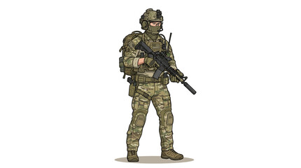 A soldier in camouflage gear and helmet stands with a rifle against a plain white background with military equipment. © Dhiyak Boneto