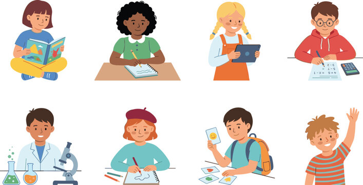 Diverse elementary school kids characters set studying math science reading and drawing flat vector illustration