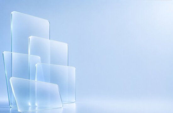 Abstract 3D light blue glass card stack background, soft rounded panel design with copy space