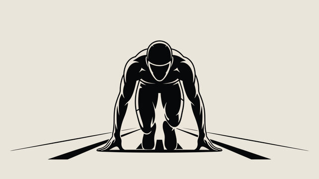 Sprinter crouches in a starting position on a track before a race begins.
