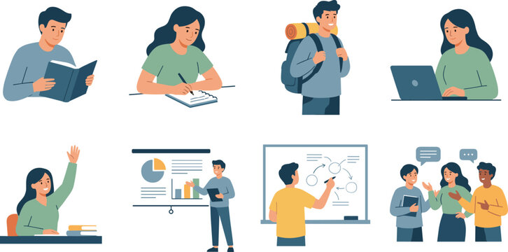Art & IllustrationStudents and teachers study set featuring people reading books writing notes and digital learning illustrations