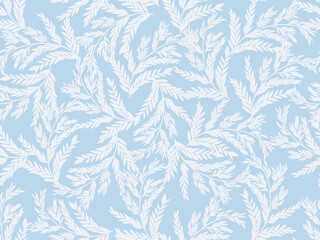 Fototapeta premium Minimalist Seamless Pattern with White Botanical Leaf Branches on a Pastel Blue Background
