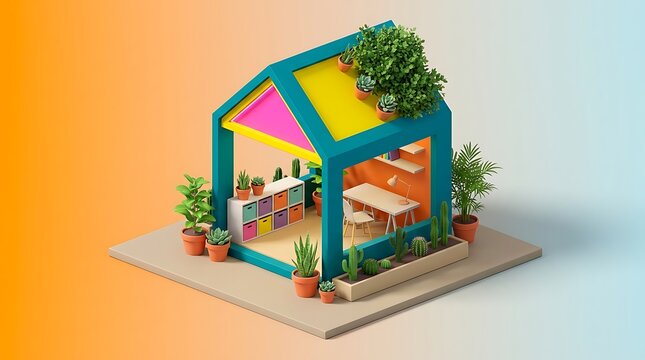 Isometric tiny house concept with interior decor and plants isometric interior