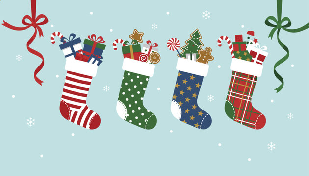 Four colorful christmas stockings packed with gifts, candy canes, gingerbread, and small christmas tree.