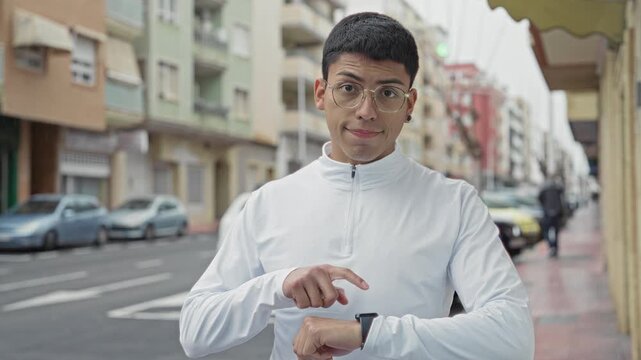 Man tapping smartwatch on wrist on street with parked cars and apartment buildings visible; punctuality focus.