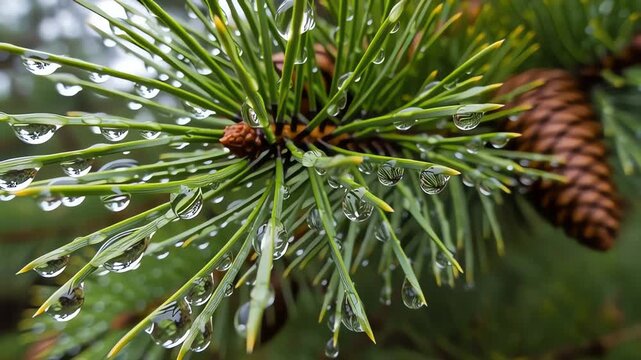 Raindrops on green pine needles and brown pine cone in a forest