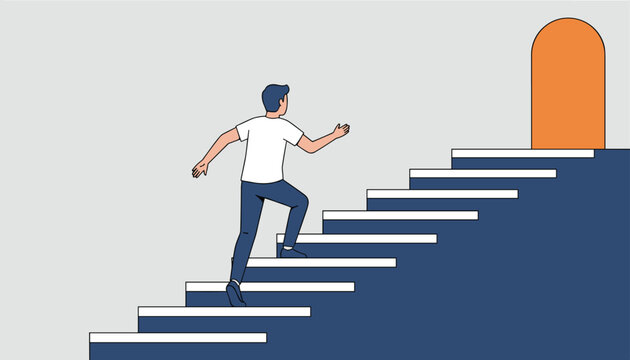 Ambitious young man running eagerly up a flight of stairs toward a glowing orange arched doorway symbolizing success.