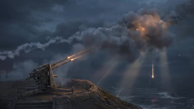 Anti-aircraft artillery firing explosive rounds against night sky