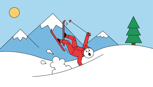 Funny cartoon skier in a red suit falling down a snowy ski slope with mountains and pine trees in the background.