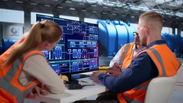 Workers Monitoring Power Plant Control Room With Pipes