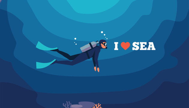 Deep blue ocean background featuring a scuba diver swimming underwater alongside the text message saying I love sea.