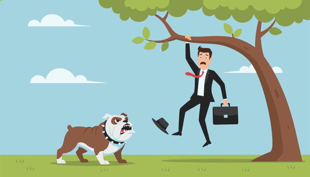 Terrified young businessman in a suit hanging from a tree branch while being chased by an angry bulldog in a park.
