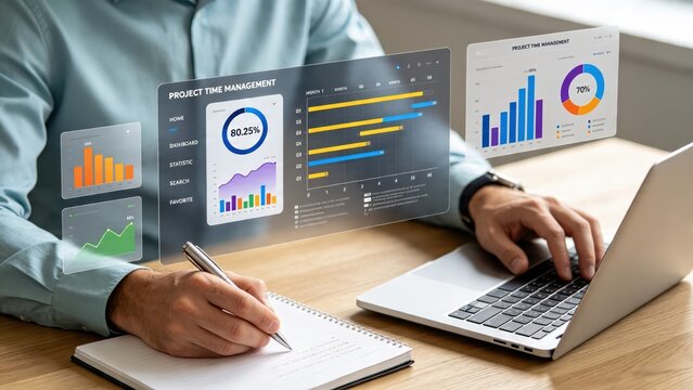 Project time management concept featuring person working on laptop with floating holographic interface showing Gantt charts and progress statistics for efficient workflow