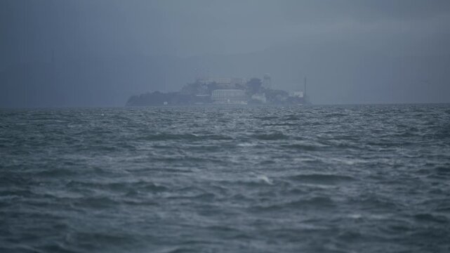 Choppy San Francisco Bay With View Of Misty Alcatraz Island Ahead - Wide Shot