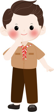 Cute cartoon boy scout character in uniform with red neckerchief