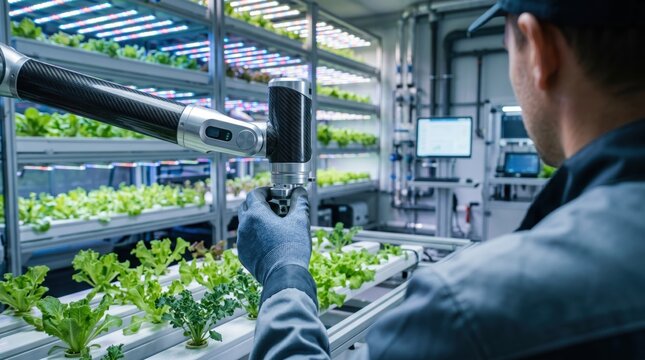 Agricultural technician operating a robotic arm to harvest fresh lettuce in a vertical indoor farm facility with LED grow lights, showcasing sustainable agriculture