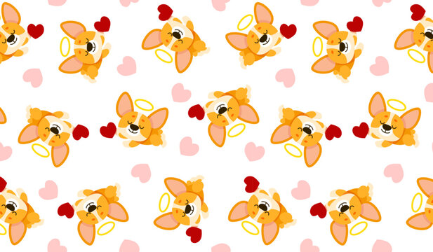 Cute corgi dog seamless pattern with hearts and angel halo vector illustration.