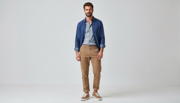 Man in chino pants cuffed full body studio portrait with blue shirt and beige trousers