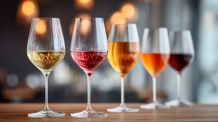 Fototapeta premium Five elegant wine glasses filled with different colored wines on a wooden table
