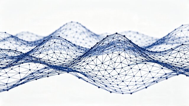 Abstract blue digital wave network background featuring connected dots and lines forming a mesh structure, representing big data, artificial intelligence, neural networks