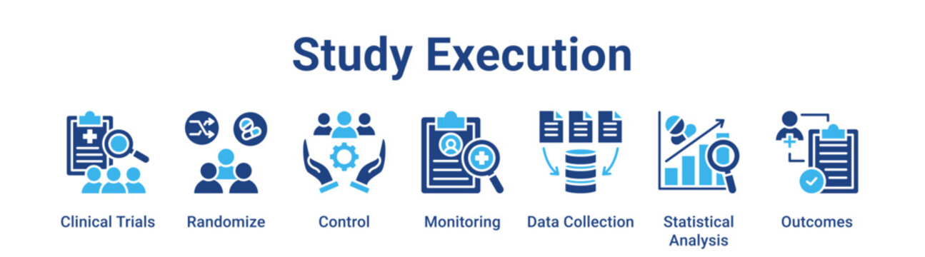 Study Execution web banner icon vector illustration concept for education with icon of Clinical Trials, Randomize, Control, Monitoring, Data Collection, Statistical.