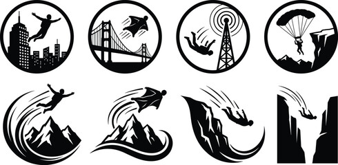 Extreme base jumping and wingsuit flying silhouette icon set with skydivers jumping from buildings bridges antennas and cliffs © Kulsum