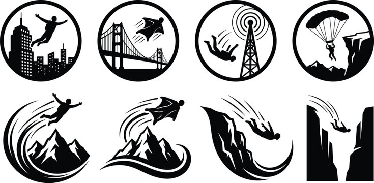 Extreme base jumping and wingsuit flying silhouette icon set with skydivers jumping from buildings bridges antennas and cliffs