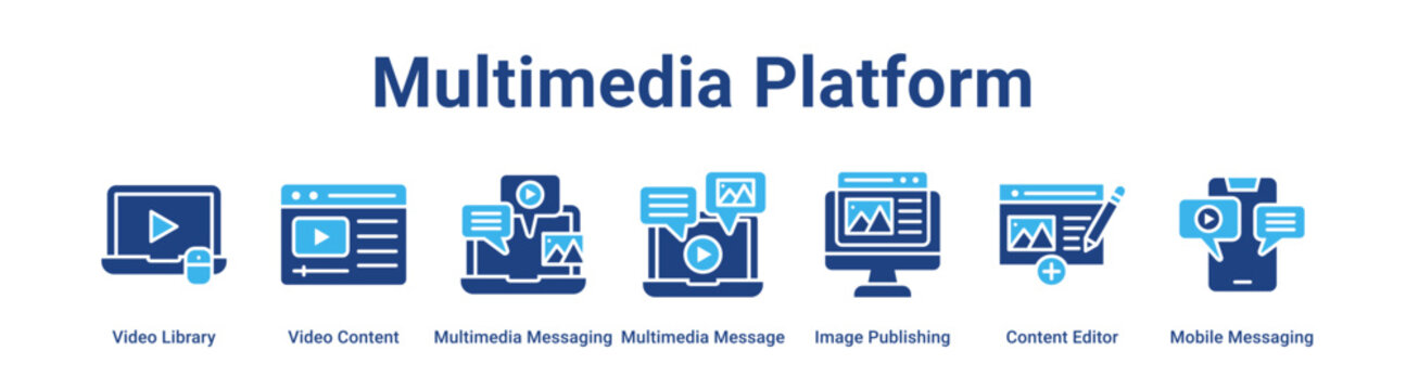 Multimedia Platform web banner icon vector illustration concept for business with icon of Video Library, Video Content, Multimedia Messaging, Multimedia Message, Image Publishing, Content Editor,.