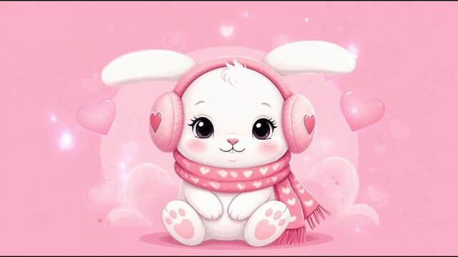 fantasy surreal Cute cartoon Bunny wearing a scarf and fur headphones motion