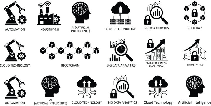 Digital transformation and innovation icons featuring automation, Industry 4.0, artificial intelligence, cloud technology, blockchain, big data analytics, and smart business solutions.